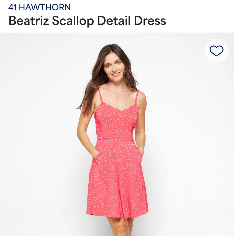 Scalloped Front Coral & White Polka Dot Dress With Pockets